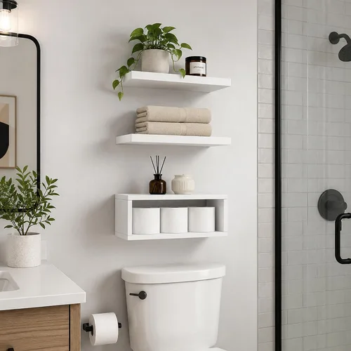 Miniatura 7 de RANK Estantes de baño sobre el inodoro, estantes flotantes montados en la pared, almacenamiento de papel higiénico, estante pequeño de decoración