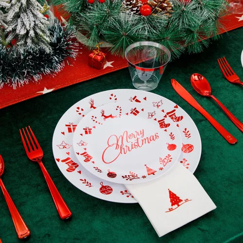 Miniatura 5 de Liacere 175 piezas de platos desechables de plástico navideños rojos y blancos - Incluye 25 platos de postre, 25 platos para cena, 25 cuchillos, 25