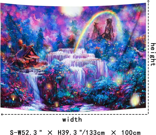 Miniatura 4 de Racunbula Tapiz de luz negra, bosque de fantasía, cascada reactiva a los rayos UV, arco iris, brumoso, selva, plantas, paisaje natural, colgante
