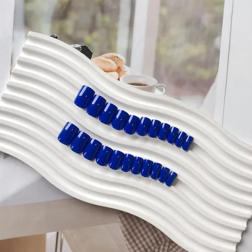 Miniatura 5 de KQueenest Uñas Postizas de Presión Azul Real Cortas Medianas Cuadradas con Pegamento, Juego de Uñas Falsas Sólidas Oscuras Cortas Ataúd Acrílicas