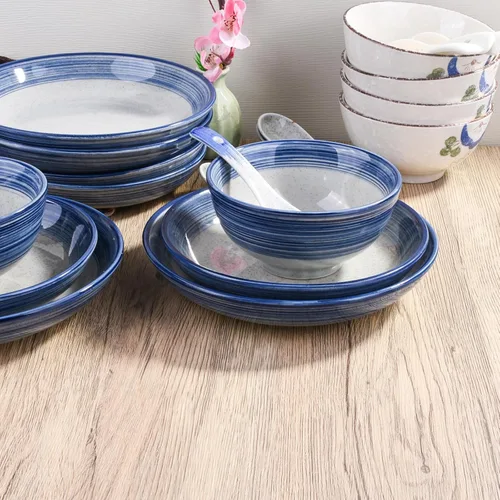 Miniatura 2 de Juego de vajilla de cerámica azul de 4 piezas, plato, plato, cuenco, cuchara, juego de vajilla de porcelana japonesa pintada a mano, una buena YL.