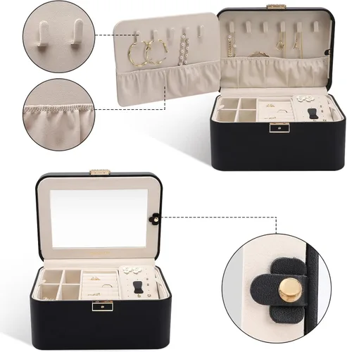 Miniatura 3 de KAMIER Organizador de joyas, caja de joyería de piel sintética de 2 capas, gran capacidad, doble cerradura y espejo grande, ganchos ocultos