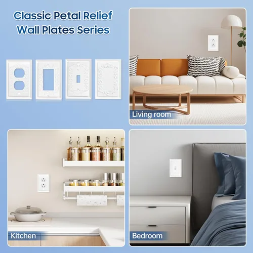 Miniatura 4 de Cubiertas de enchufe decorativas modernas de estilo clásico con diseño en relieve de pétalo, blanco, placa de pared para receptáculo eléctrico
