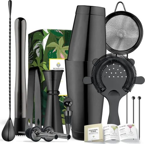 Homestia Juego de coctelera, kit de camarero – 12 herramientas de barra de acero inoxidable con latas Boston Shaker, cuchara mezcladora, mezclador,