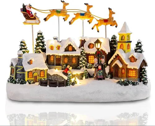 Bdor - Decoración Navideña Iluminada con Música, Diseño de Pueblo Navideño, Figura Coleccionable de Papá Noel y Ciervo, Funciona con Pilas, para