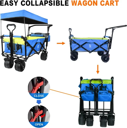 Miniatura 5 de Carro plegable con toldo extraíble y bolsa enfriadora, carrito plegable resistente con ruedas todo terreno de 4 pulgadas para campamento, playa