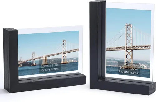 Lavezee Paquete de 2 marcos de fotos de 4 x 6 pulgadas, hechos de base de madera negra en forma de L con vidrio, imágenes de fotos de doble cara de