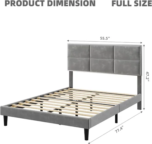 Miniatura 2 de Base de cama tamaño matrimonial, base de cama con cabecera cuadrada de terciopelo, soporte de listones de madera, antideslizante y sin ruido,