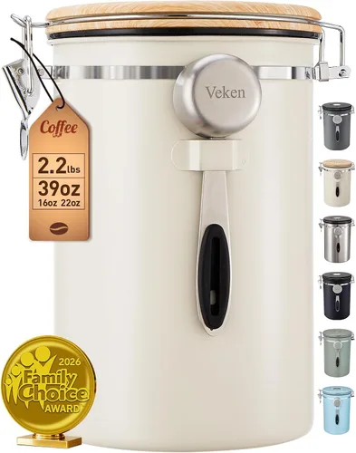 Miniatura 14 de Veken - Recipiente hermético para café de acero inoxidable, contenedor de almacenamiento de alimentos para la cocina con registro de fecha y cuchara