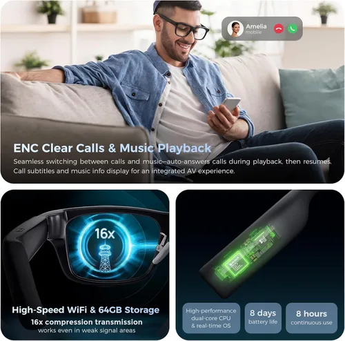 Miniatura 9 de Lentes inteligentes AR con pantalla de visualización, cámara HD integrada y control de anillo, lentes de teleprompter de privacidad AI HUD