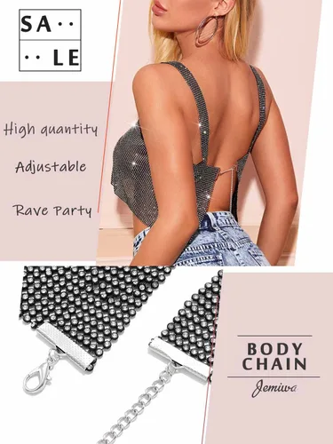 Miniatura 4 de Top corto de lentejuelas brillantes, bikini plateado halter de metal, cadena para el cuerpo, sin negro, playa, rave, club, cadenas de pecho