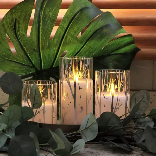 Miniatura 3 de Rhytsing Velas LED de vidrio con diseño de abedul a pilas con temporizador, velas de pilar sin llama para decoración de primavera y verano
