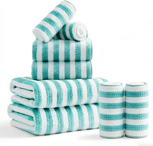 Miniatura 8 de Juego de 8 toallas de baño grandes a rayas estilo cabana color verde militar - Sábana de baño extragrande - 2 toallas de baño, 2 toallas de mano, 4