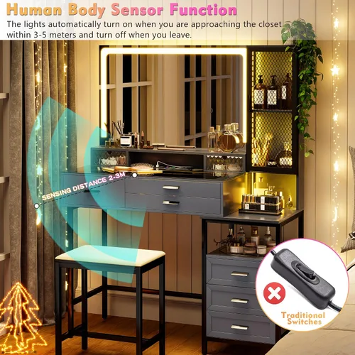 Miniatura 5 de Lvifur RGB Escritorio de Tocador - con Espejo y Luces, Juego de Mesa de Tocador con 7 Luces Dinámicas y 24 Estáticas Atenuables con Estación