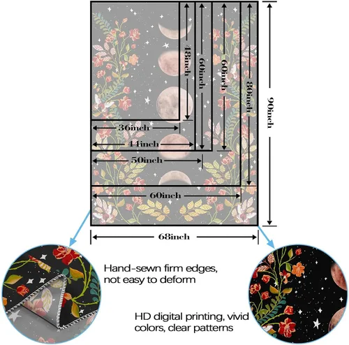 Miniatura 7 de Lifeel - Tapiz de jardín con luz de luna, fase lunar rodeada de vides y flores, tapiz negro para decoración de pared