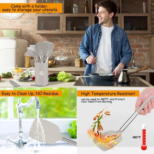 Miniatura 3 de Juego de utensilios de cocina de silicona, espátula de cocina de silicona con mango de acero inoxidable, antiadherente, resistente al calor