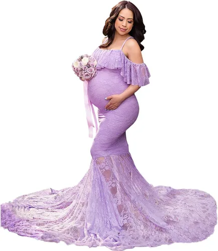 HIHCBF Vestido de sirena de maternidad de encaje para mujer, hombros descubiertos, volantes, tirantes delgados, ajustado, para sesión de fotos,