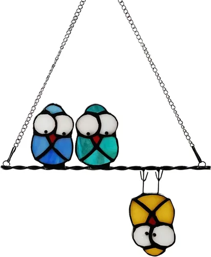 Búho multicolor en un alambre para colgar en la ventana, atrapasoles de pájaros para paneles de ventanas, colgantes, adorno de colibrí, decoración