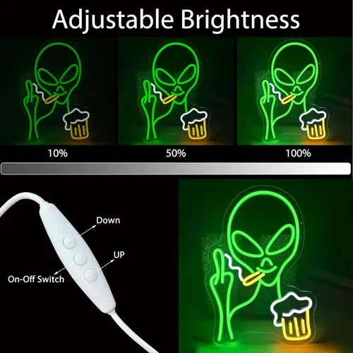 Miniatura 3 de Letrero de neón de alienígena verde, luz de neón de alienígena para barra de cerveza para decoración de pared, luces LED regulables para dormitorio