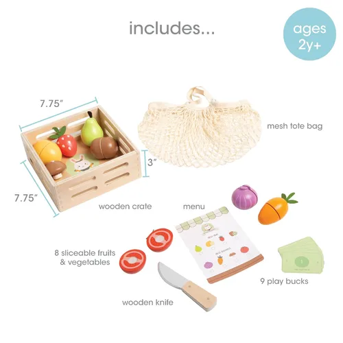 Miniatura 2 de Pearhead Juego de comida de madera para jugar, juguete de cocina de 21 piezas, para cortar frutas y verduras, certificado FSC, mercado