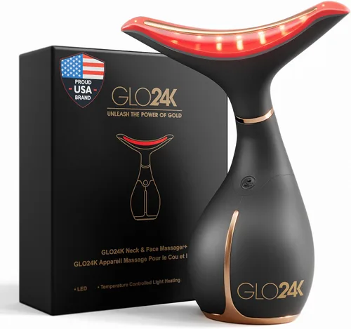 GLO24K - Dispositivo de belleza facial y cuello con luz roja, herramienta de masajeador facial 3 en 1 con LED y vibración para revitalización de la