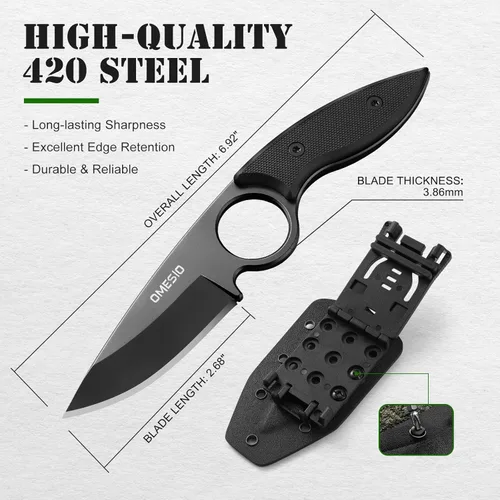 Miniatura 4 de Omesio Cuchillo pequeño de hoja fija, cuchillo táctico de caza y campamento con funda Kydex, acero inoxidable de espiga completa compacto EDC