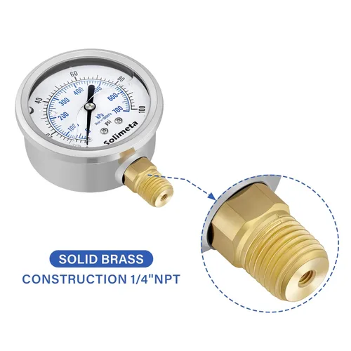 Miniatura 5 de Tamaño del dial de 2-1/2", medidor de presión lleno de aceite, manómetro de presión de 100psi, montaje inferior NPT de 1/4", con tapón de prueba