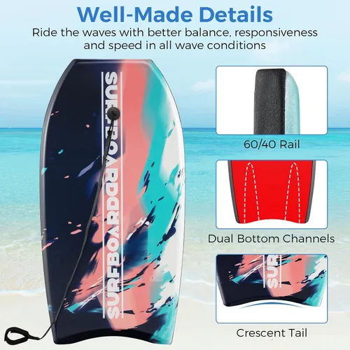 Miniatura 5 de Goplus Tabla de cuerpo ligera de 41/37/33 pulgadas para playa, tabla de surf con núcleo EPS, cubierta XPE, parte inferior lisa de HDPE, correa