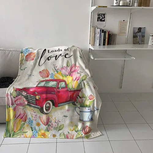 Miniatura 5 de Manta de Pascua de camión rojo, tulipán, manta suave y cálida, manta de franela de flores y mariposas para sofá, cama, manta para el Día