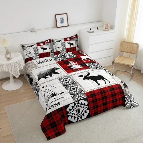 Miniatura 32 de Juego de edredón de cuernos de ciervo tamaño individual, juego de ropa de cama rústica de granja con huellas de oso y pinos para decoración