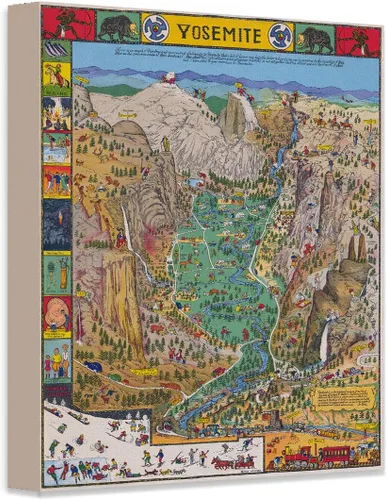 Map 1931 Yosemite National Park Jo Mora - Park Map Poster - 16" x 20" Stretched Canvas on Wood Frame - Add Some Retro Flair To Your Home and Gift
