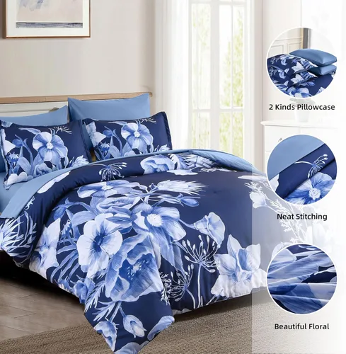 Miniatura 2 de Luxudecor Juego de edredón floral tamaño King de 7 piezas, cama de flores azul marino en una bolsa, elegante edredón floral con juego de sábanas
