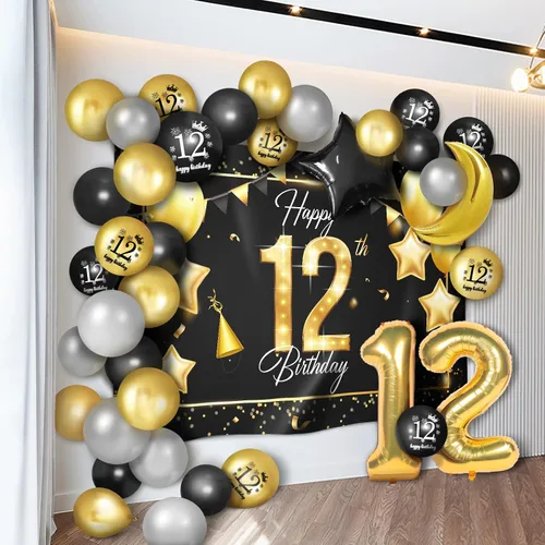 Miniatura 9 de Juego de globos dorados de feliz cumpleaños número 10 – Saludos a los 10 años de edad, guirnalda temática de fiesta con estrellas y luna, decoración