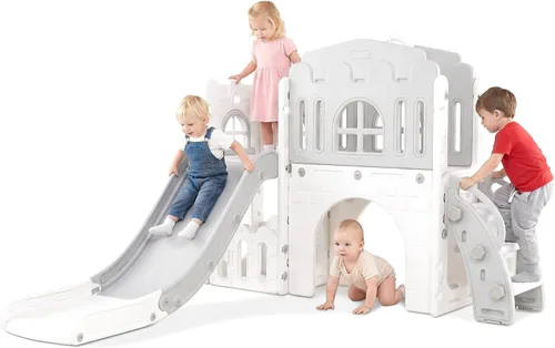 Miniatura 11 de OLAKIDS Tobogán para niños pequeños, 6 en 1 para interiores y exteriores, con aro de baloncesto, telescopio, almacenamiento de juguetes para niños