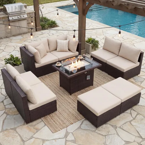 Miniatura 26 de BULEXYARD Juego de muebles de patio de respaldo alto de 7 piezas con mesa de fogata de combustible dual propano/gas natural, sofá seccional