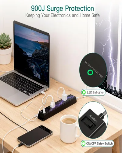 Miniatura 6 de Addtam 2 FT Power Strip Surge Protector with USB C, Flat Plug Extension Cord, 6 AC Outlets 4 USB Ports (2 USB C), 1875W/15A Multi Plug Outlet