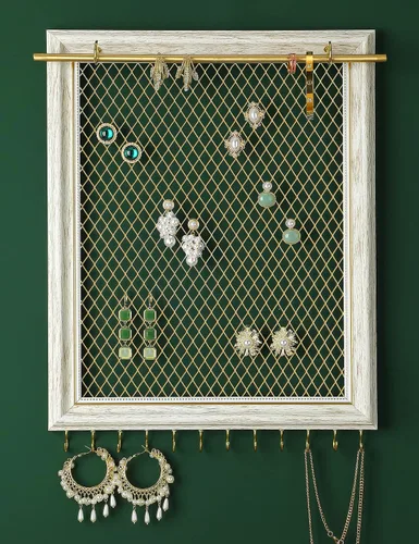 Heesch - Organizador colgante para pendientes con marco, soporte para joyas montado en la pared, exhibidor rústico vintage para aretes con perno,