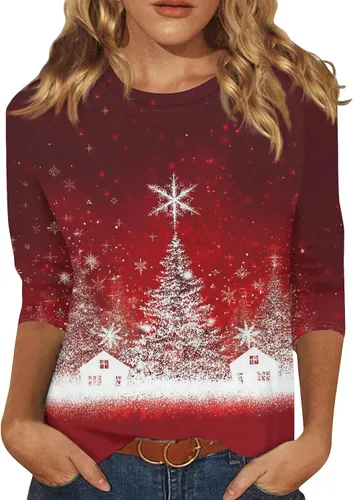 Miniatura 72 de Camisetas de manga 3/4 para mujer, cuello redondo, holgadas, casuales, con estampado floral, camisetas de moda para el trabajo de negocios