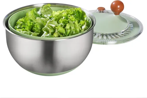 Molinillo de ensalada de acero inoxidable, giratorio y colador de frutas vegetales de tamaño mediano, lavadora multiusos con tapa, apto para