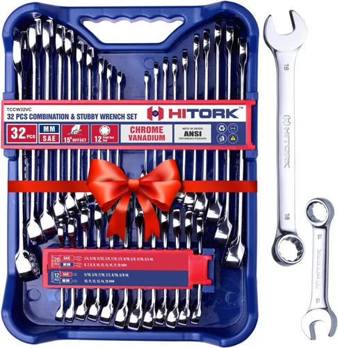 HITORK Juego de 32 llaves SAE y métricas 20 estándar y 12 llaves combinadas cortas Cr-V de acero con acabado de espejo de 12 puntas, desfase de 15°