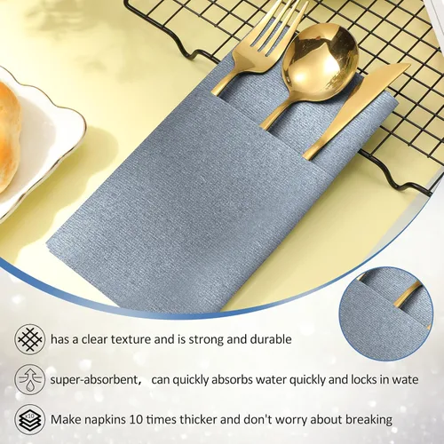 Miniatura 4 de Seajan 35 servilletas de lino de bolsillo, servilletas desechables de papel airlaid preplegadas con bolsillo integrado para cubiertos para Azul