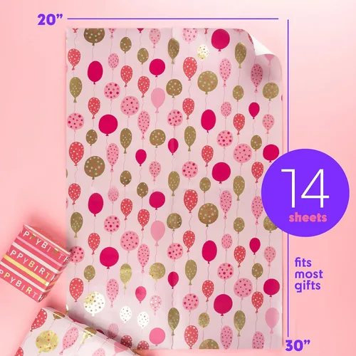 Miniatura 4 de Plum Designs Hojas de papel de regalo – papel de regalo de feliz cumpleaños para niñas, papel de regalo divertido para niñas, 14 hojas de papel