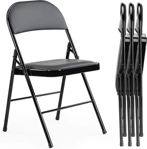 Miniatura 7 de Paquete de 2 sillas plegables, silla comercial apilable portátil, silla de cuero acolchada para interiores y exteriores con marco de metal Negro