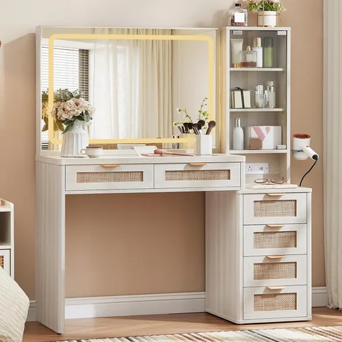 Miniatura 10 de LEYAOYAO - Escritorio de ratán con espejo y luces, tocador de maquillaje estilo bohemio de 43.5'' con 6 cajones y estantes ajustables, tocador