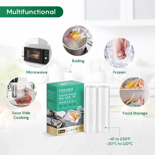 Miniatura 2 de FRESKO Bolsas selladoras al vacío de 8"x20' para alimentos, 2 rollos de bolsas de almacenamiento de tamaño personalizado sin BPA, bolsas