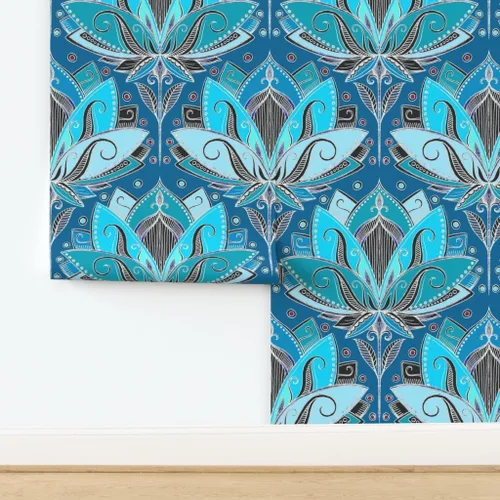 Miniatura 4 de Muestra de papel tapiz extraíble - Art Deco Lotus Teal Turquoise Negro Nouveau Retro Tea Geométrico Azul Aqua Papel pintado personalizado pre-pegado