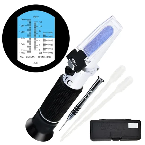 Refractómetro clínico 3 en 1 para uso humano con 50.0-86.0 °F ATC, proteína sérica 0.00-0.42 oz/dl, gravedad específica de la orina 1.000-1.050,