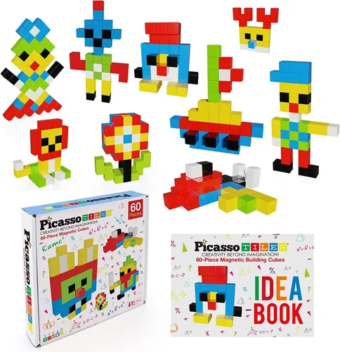 PicassoTiles 16 figuras de acción + 60 cubos magnéticos de rompecabezas, paquete de expansión de personajes magnéticos, paquete de juego de