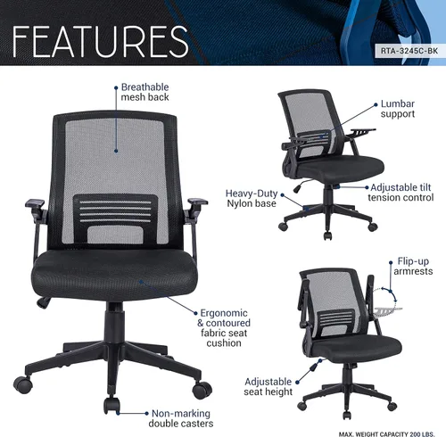 Miniatura 4 de Techni Mobili, Silla ergonómica negra de malla de oficina Mid-back office chair, lumbar support, breathable mesh back, height adjustable, flip-up