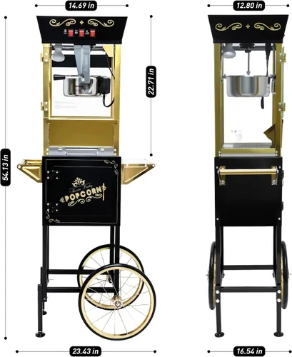 Miniatura 2 de Máquina de palomitas de maíz de 12 onzas con carrito, máquina de palomitas vintage con soporte, ruedas, hervidor de acero inoxidable, cajón de Negro